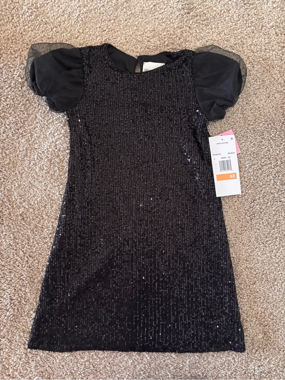 Rare Editions Black Sequin Puff Sleeve Girls Dress